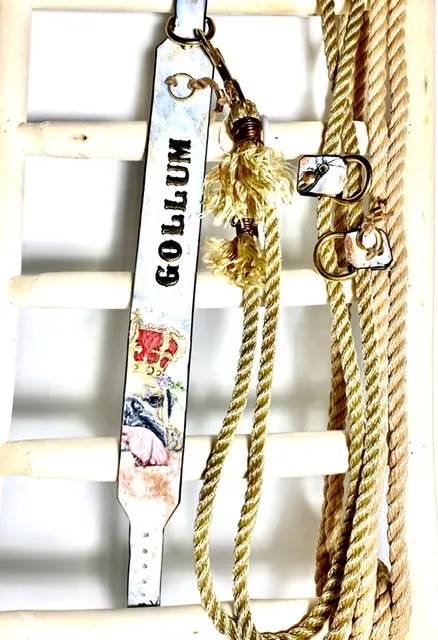 Helles Halsband mit Namenszug und Schmuckanhängern an der Leine