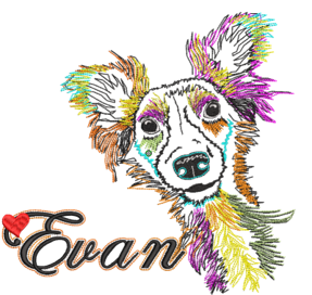 Stickmotiv Evan: bunt gesticktes Hundeportrait mit Schriftzug und rotem Herz