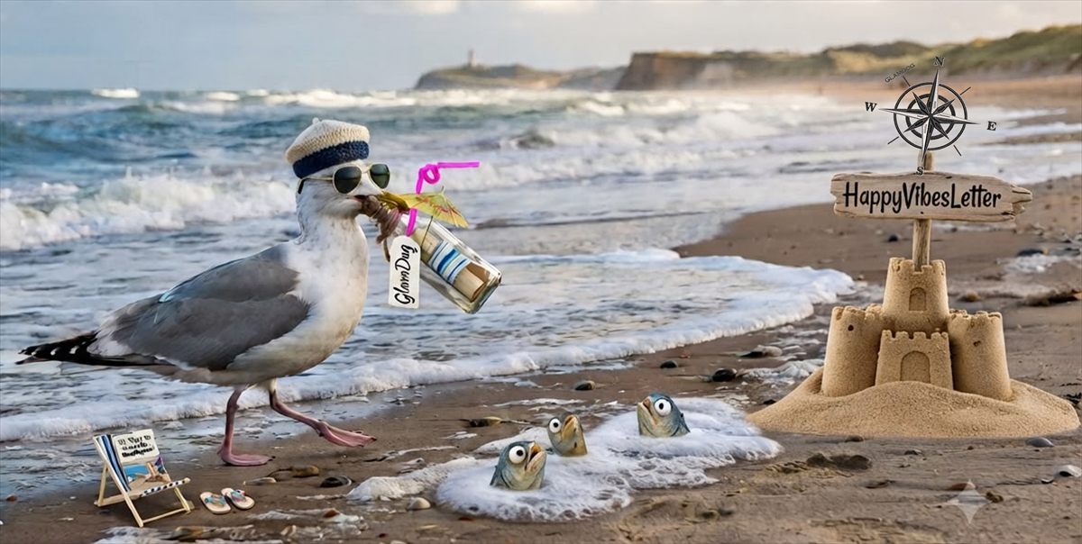 Möwe mit Strickmütze und Sonnenbrille am Nordseestrand, im Schnabel eine Flaschenpost mit GlamDog-Etikett, pinkem Strohhalm und Cocktailschirmchen; im Schaum lugen drei Fische hervor, rechts steht eine Sandburg mit Holzschild HappyVibesLetter