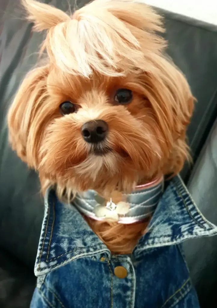 Kleiner Hund in Jeansjacke mit Halstuch
