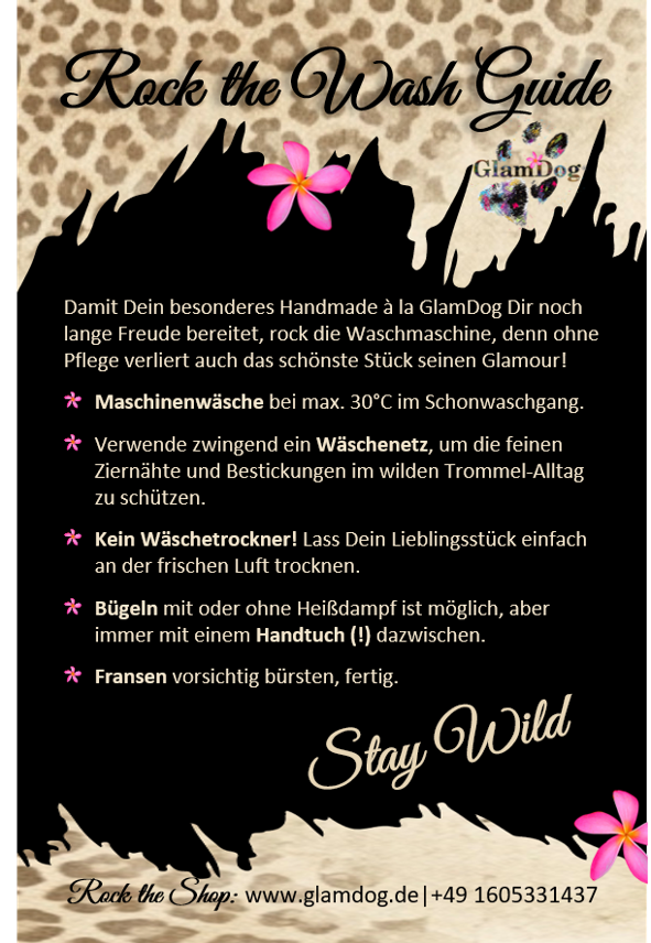 Poster Rock the Wash Guide mit Leo-Rand und Plumeria. Es nennt dieselben sieben Pflegehinweise, die im Beitrag als Liste stehen.